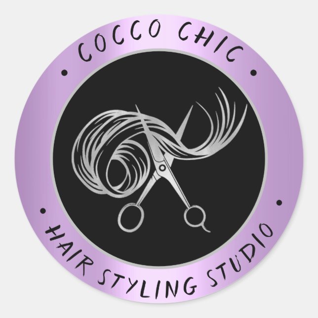 Scheren Haar Logo Name Danke Lila Grau Runder Aufkleber (Vorderseite)