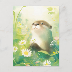 Scherzhafte Otter im Frühlings-Gänseblümchen-Wiese Postkarte