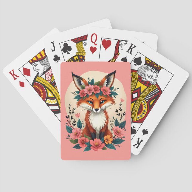 Scherzhafter Boho-Fuchs mit floraler Krone Wald Spielkarten (Rückseite)