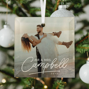 Scherzhaftes Skript Mr & Mrs Neujahrs-Andenken Ornament Aus Glas