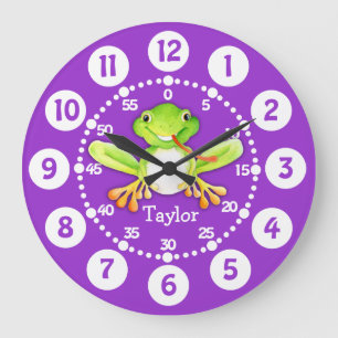 Scherzt lila grüne Wanduhr des niedlichen Frosches