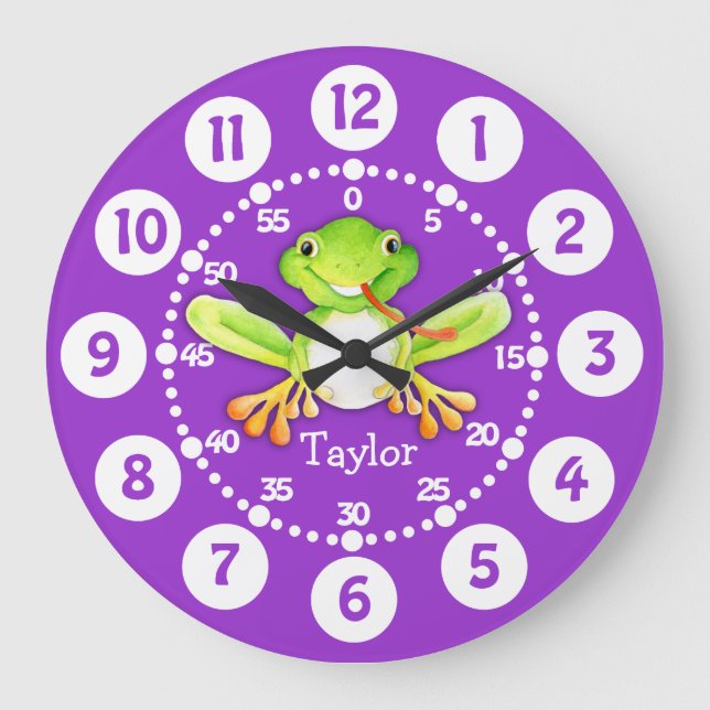 Scherzt lila grüne Wanduhr des niedlichen Frosches (Vorderseite)