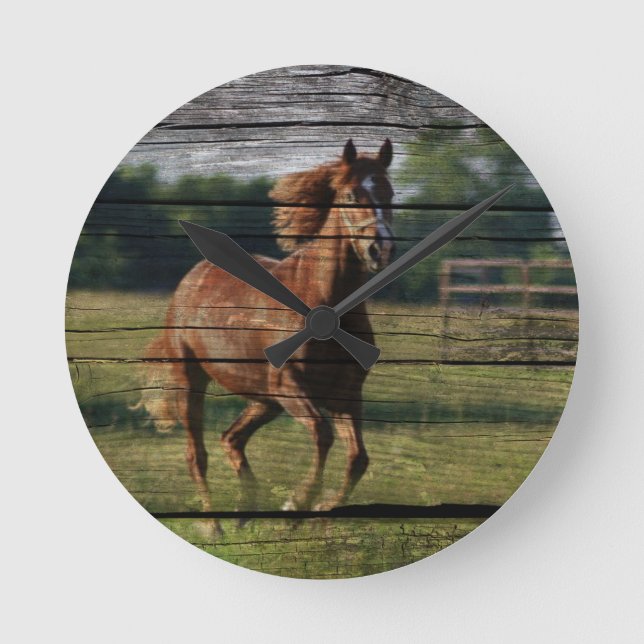Scheunewoodgrain-Land-Ranch, die Brown-Pferd Runde Wanduhr (Vorderseite)