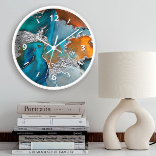 Schick Achat Wasserfarbe Silber Türkis Orange Große Wanduhr