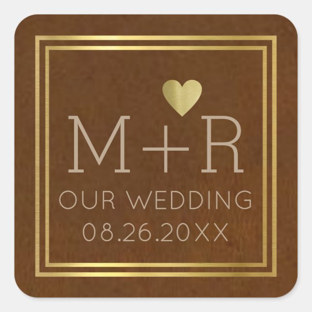 schick-braune Hochzeit mit Monogramm  Quadratischer Aufkleber (Vorderseite)