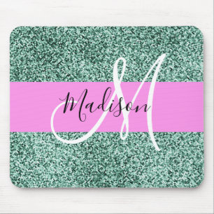 Schick Glam Rosa Grün Glitter Funkeln Monogramm Mousepad