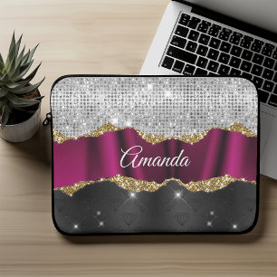 Schick glänzendes Faux-Silber Fuchsien-Schwarz-Mon Laptopschutzhülle