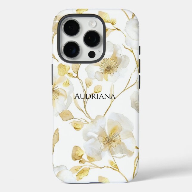 Schick Gold Weiß Blumen iPhone 16 Pro Hülle (Rückseite)