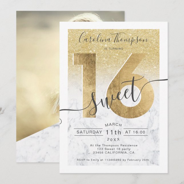 Schick Goldfolie Glitzer Marmor Sweet 16 Foto Einladung (Vorne/Hinten)