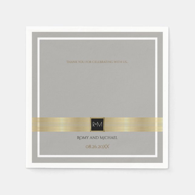 schick & klassisch goldfarbene Linien auf grauer H Serviette (Vorderseite)