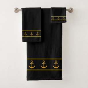 Schick maritime, elegant, goldene Anker auf Schwar Badhandtuch Set
