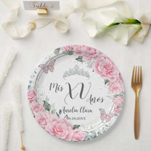 Schick Rosa Floral Silber Schmetterlinge Quinceañe Pappteller