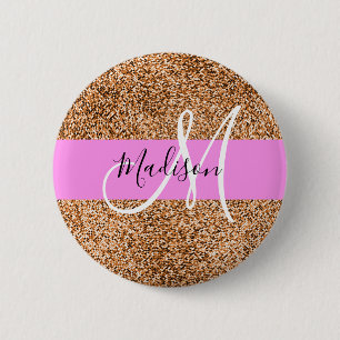 Schick Rosa & Kürbis Glitter Funkeln Monogramm Nam Button