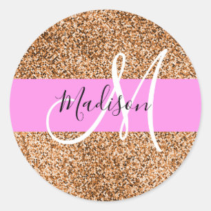 Schick Rosa & Kürbis Glitter Funkeln Monogramm Nam Runder Aufkleber