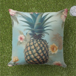 Schick und schöne Vintage-Ananas-Kunst aquablau Kissen