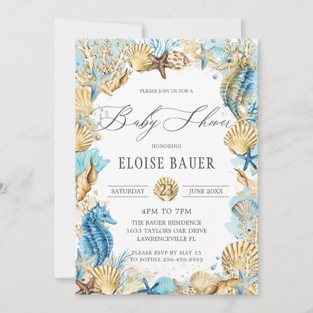 Schick unter der Meerjungfrau Babydusche Blue Gold Einladung (Vorderseite)