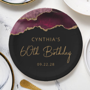 Schicke Achat-Geoden-Burgunder-Gold-60.-Geburtstag Pappteller