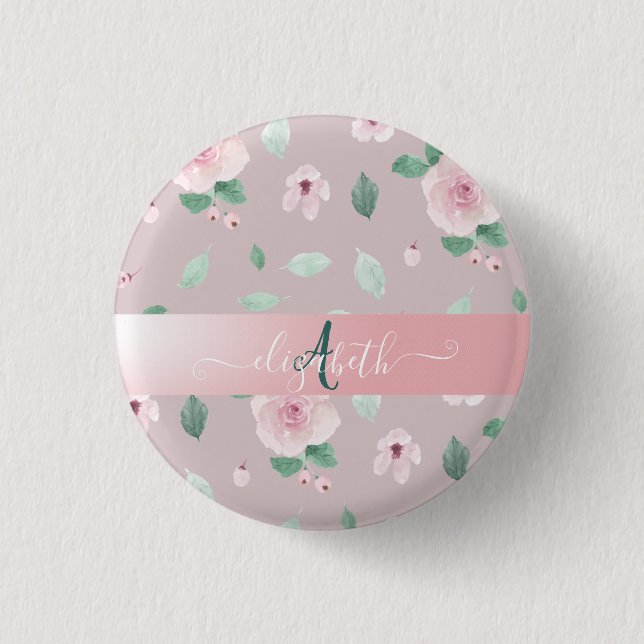 Schicke Aquarell-Blumen Monogramm Button (Vorderseite)