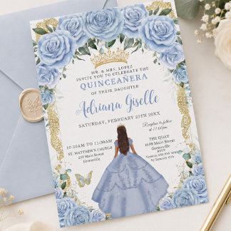 Schicke Babyblaue Blumen Braune Prinzessin Quincea Einladung