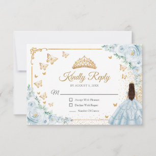 Schicke Babyblaue Rosen Goldene Quinceanera-Antwor RSVP Karte
