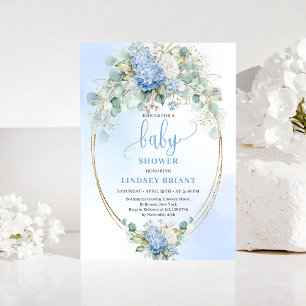 Schicke Babyparty-Einladung Blaue Hortensien Gold Einladung