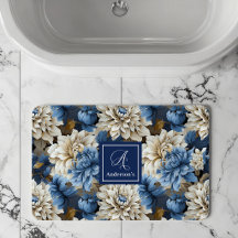 Schicke Blau Weiße Blumen Personalisierte Badematt