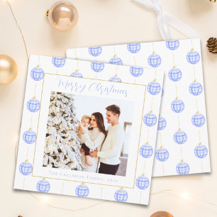 Schicke blaue Gingham-Karo-Familien-Weihnachtsfoto Feiertagskarte