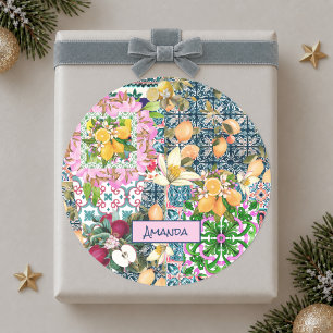 Schicke blaue rosa sizilianische Zitrus-Blumenflie Runder Aufkleber