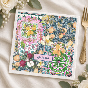 Schicke blaue rosa sizilianische Zitrus-Blumenflie Serviette
