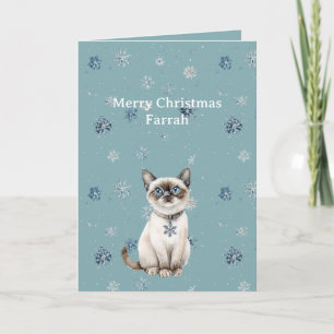 Schicke blaue Schneeflocken weiße Katze Karte