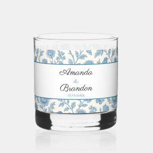 Schicke blaue Toile de Jouy Blumenrand-Hochzeit Whiskyglas