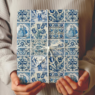 Schicke blaue weiße Toile De Jouy Puppen Blumen Geschenkpapier