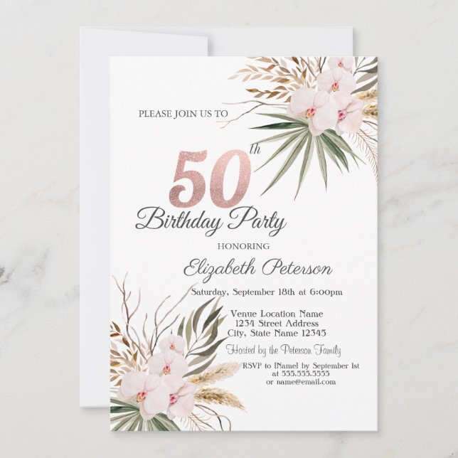 Schicke Boho-Blumen 50. Geburtstag Einladung (Vorderseite)