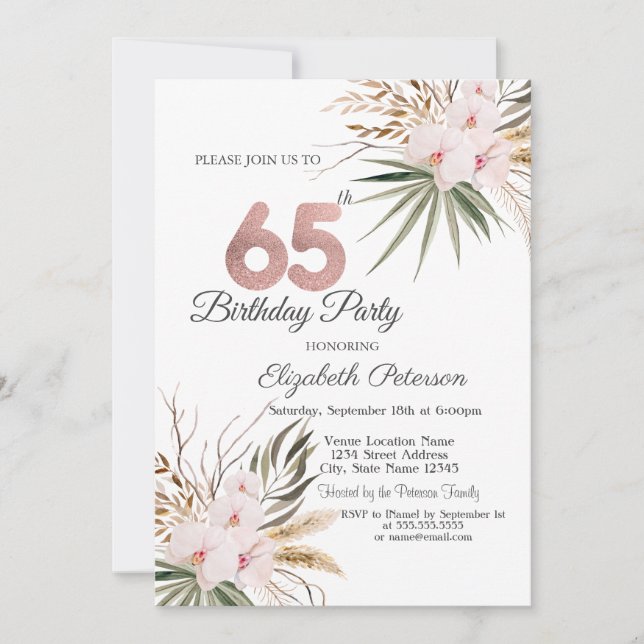 Schicke Boho-Blumen 65. Geburtstag Einladung (Vorderseite)