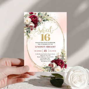 Schicke Boho-Marsala-Gold-Blumen-Sweet-Sixteen-Par Einladung
