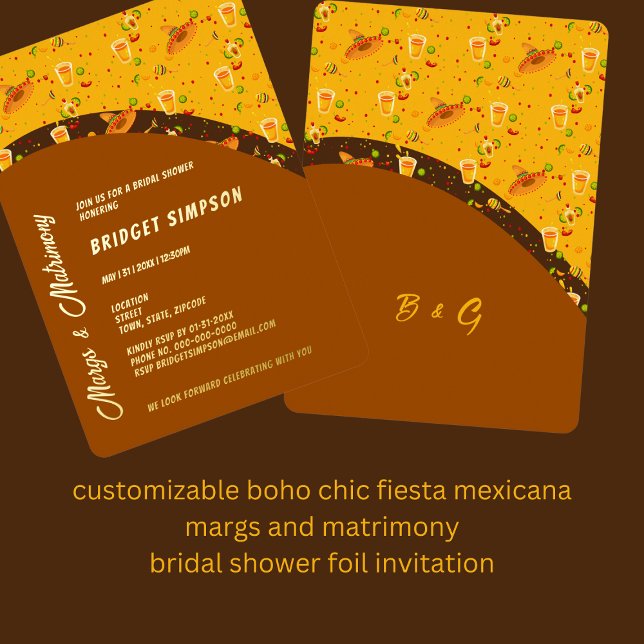 schicke Boho-Summen und eheliches Brautparty Folieneinladung (boho chic fiesta mexicana margs and matrimony tequila cocktail  bridal shower foil invitation)