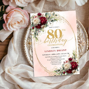Schicke Burgunder-Rosé-Blumen-Einladungen zum 80. Einladung