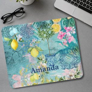 Schicke Collage Blau Türkis Sizilianische Zitrusbl Mousepad