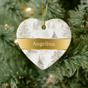 Schicke Creme-Bäume Goldband Weihnachten Keramik Ornament
