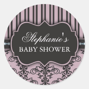 Schicke Damast- und Streifen-Baby-Shower-Gunstaufk Runder Aufkleber