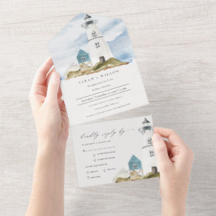 Schicke, düstere Aqua-Blau-Leuchtturm-Berghochzeit All In One Einladung