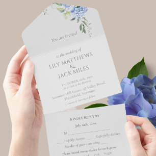 Schicke elegante blaue Periwinkle-Hortensien-Blume All In One Einladung