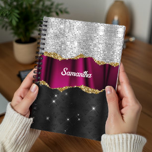 Schicke falsche Silber-Glitter Fuchsie Schwarz-Mon Notizbuch