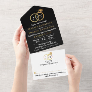 Schicke Faux-Goldfolie-Monogramm-Hochzeitsringe All In One Einladung