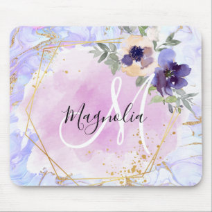 Schicke Florale Blaue Rosa Gold Regenbogen Marmor  Mousepad