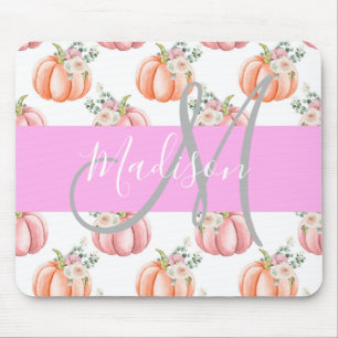 Schicke Florale Weiße Pinke Pfirsich-Kürbis-Monogr Mousepad