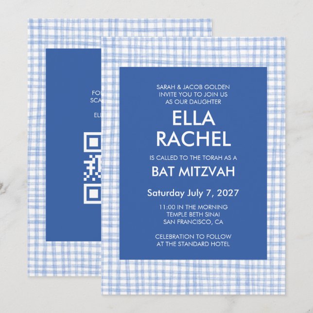 Schicke Gingham-Moderne benutzerdefinierte QR-CODE Einladung (Vorne/Hinten)