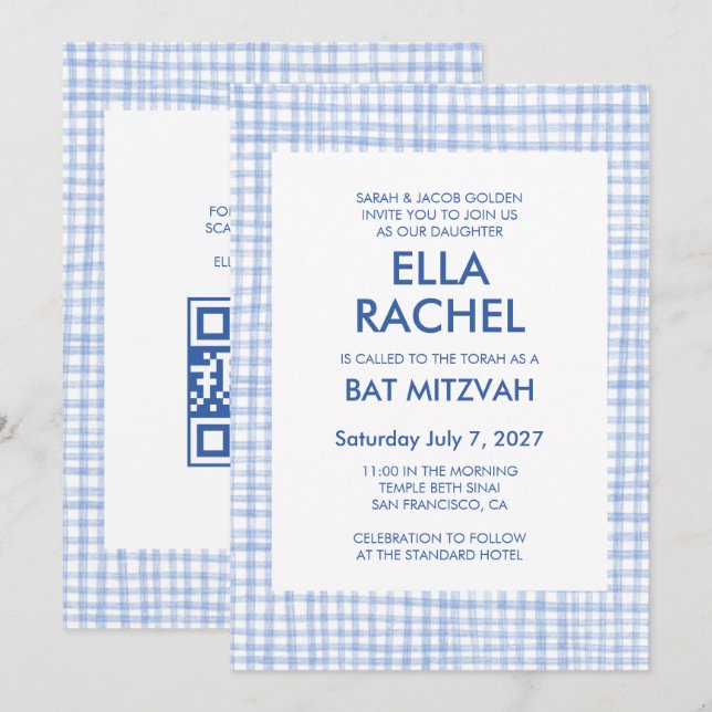Schicke Gingham-Moderne benutzerdefinierte QR-CODE Einladung (Vorne/Hinten)