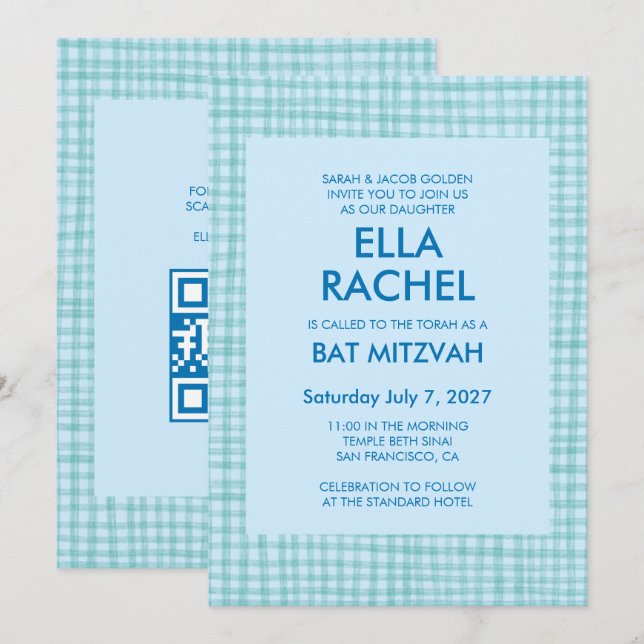 Schicke Gingham-Moderne benutzerdefinierte QR-CODE Einladung (Vorne/Hinten)