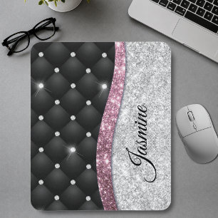 Schicke, girly, falsche Silber-Glitter Schwarz-Ros Mousepad